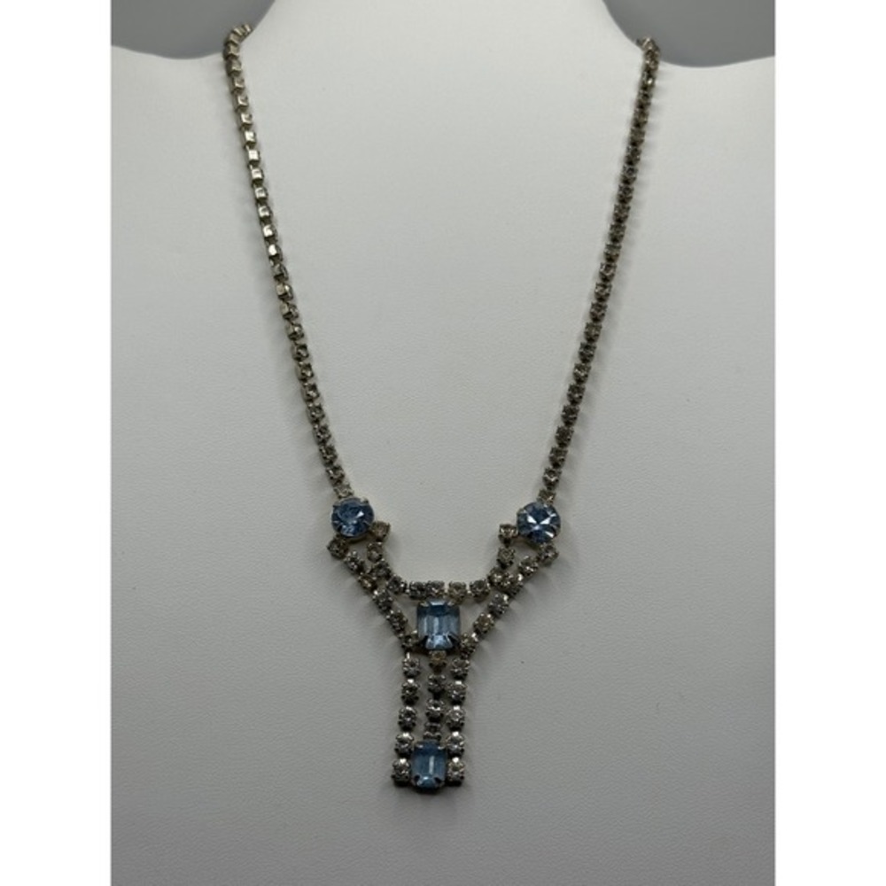 Vintage Silver‎ Tone Light Blue Rhinestone Y-Drop Necklace Mid Century Formal